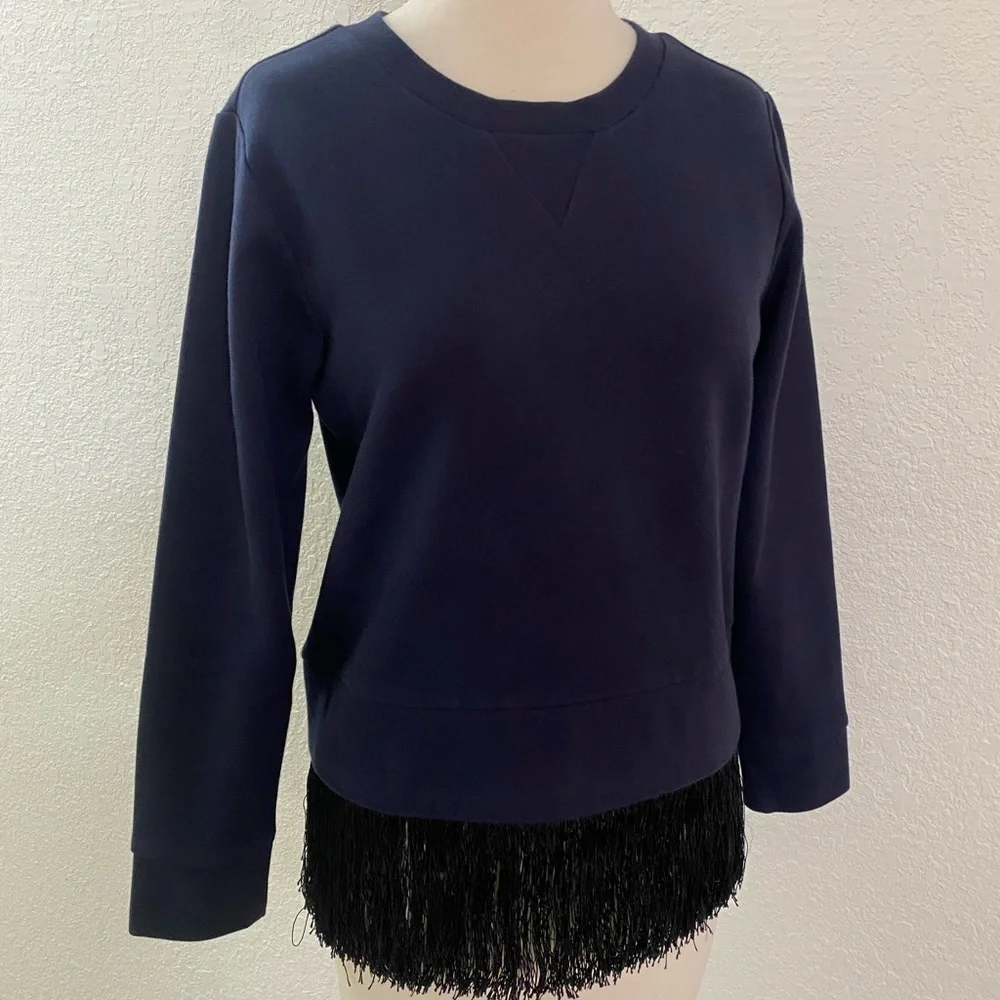 J Crew Navy‎ Blue Sweatshirt Women’s  Crew Neck With Fringes Details Size XS